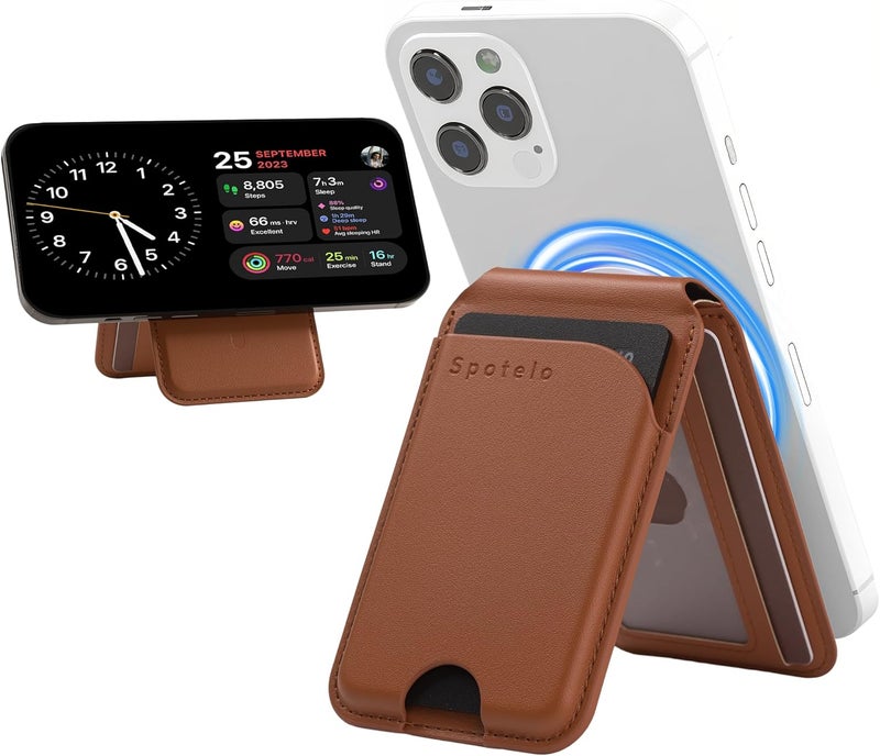 Spotelo Magnetic Wallet for iPhone, Compatible with MagSafe Adjustable Stand Wallet, RIFD Blocking Leather Magnetic Card Holder for iPhone 17/16/15/14/13/12 Series, Not for iPhone 13/12 Mini(Brown) - Image 1